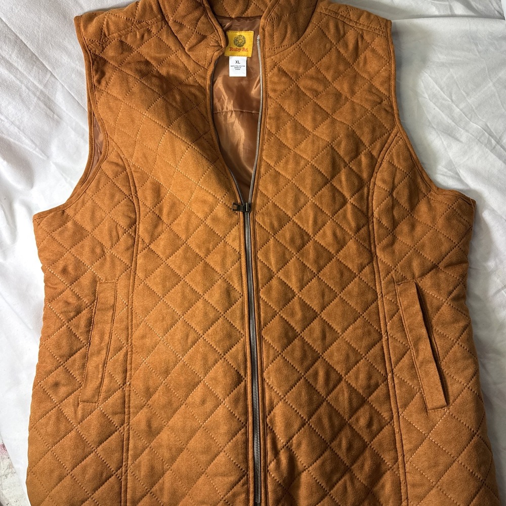 Quilted Vest Women XL Orange Full Zip Pockets Mock Neck Outdoor Casual‎